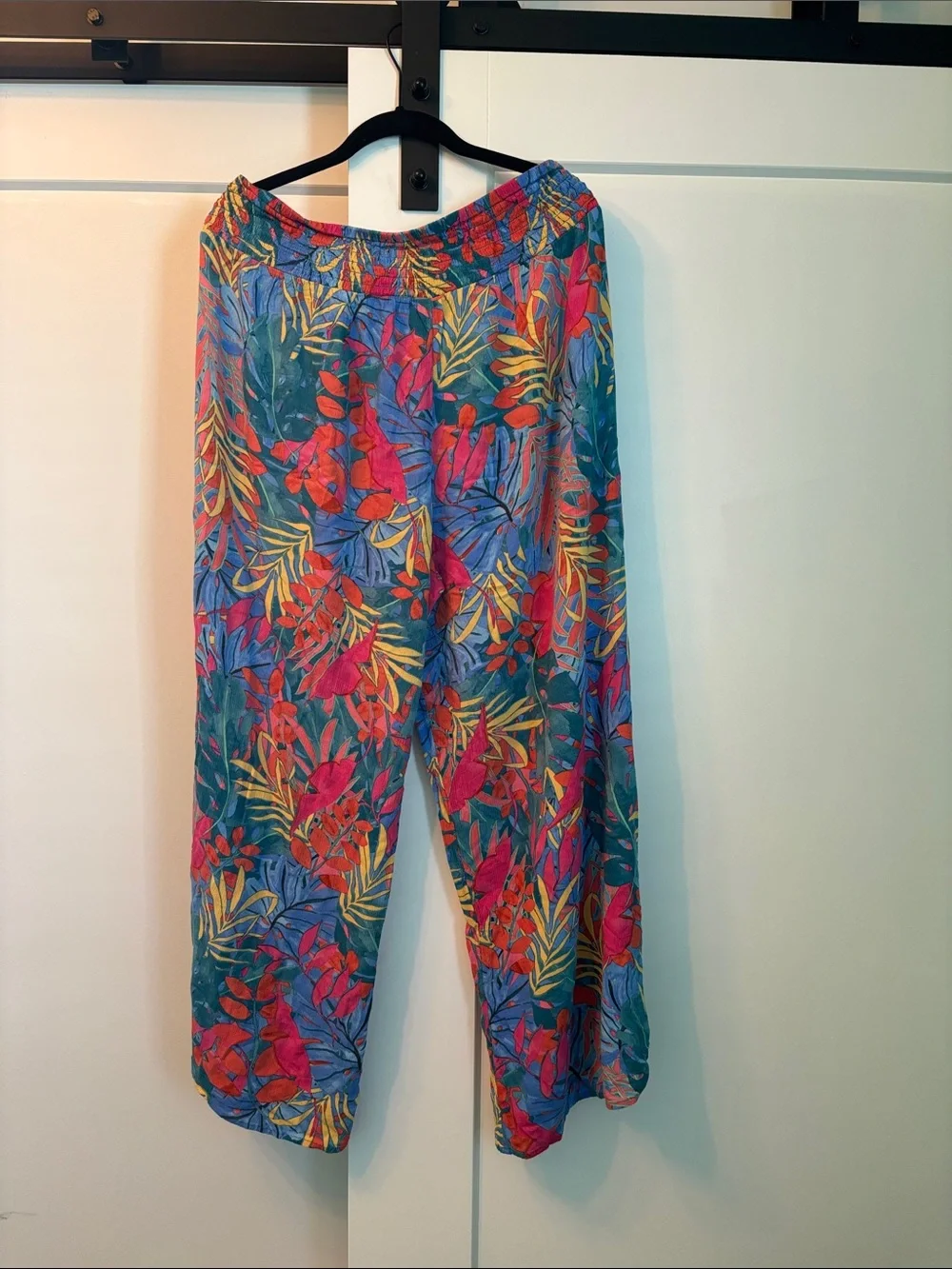 Tropical Print Wide-Leg Women's Pants - Teal & Coral